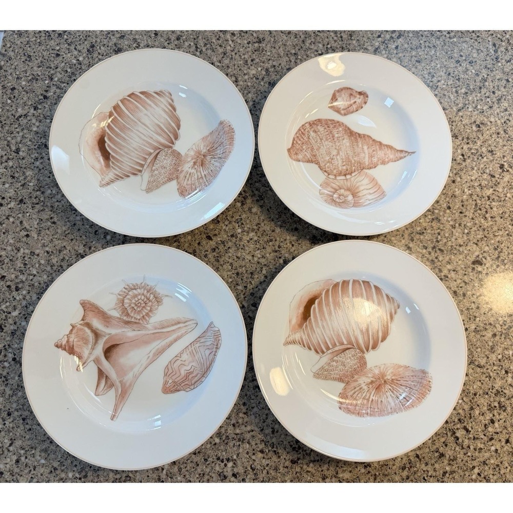 Set Of 4 - VTG  Fitz & Floyd Coquille Lg Rim Soup Bowls Peach Shells Coastal EUC